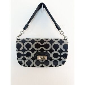 Coach Black/Gray Kristin Op Art Signature Flap Sateen Leather Shoulder Bag